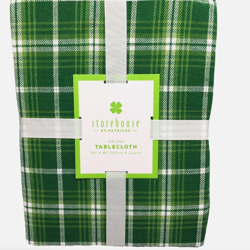 Storehouse St Patricks Day Green Tartan Plaid 60x84 Tablecloth White Silver  🍀